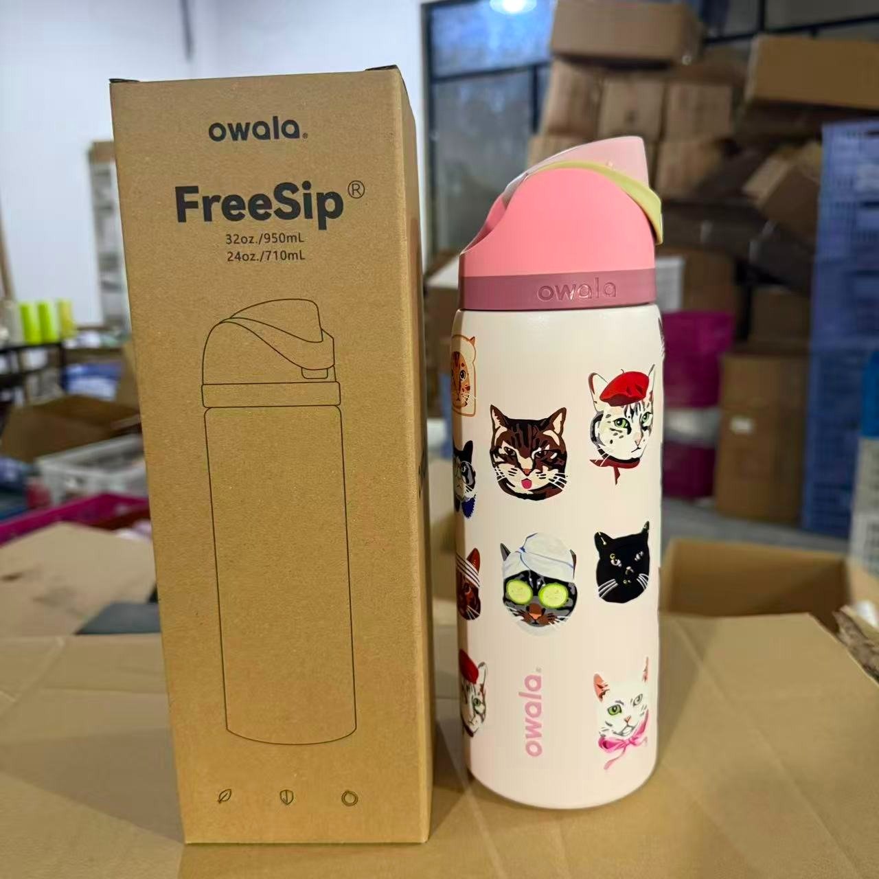 Limited Edition Owala Catwala 32oz FreeSip Bottle – Blush Pink Cat Collage, Exclusive New Design
